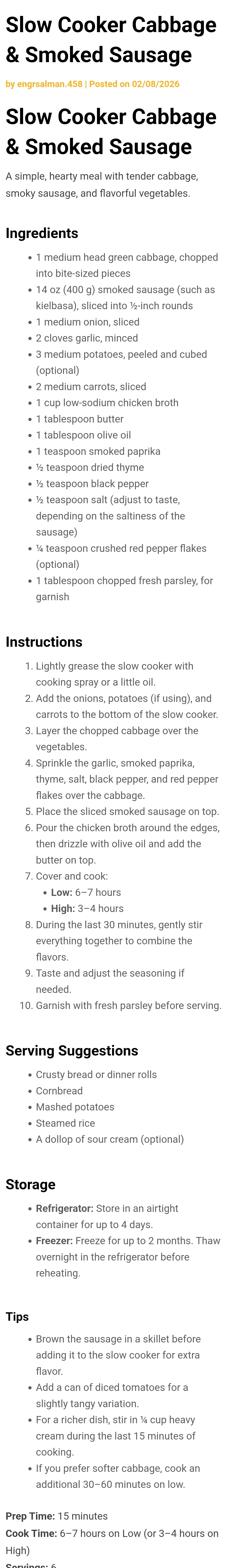 Slow Cooker Cabbage & Smoked Sausage