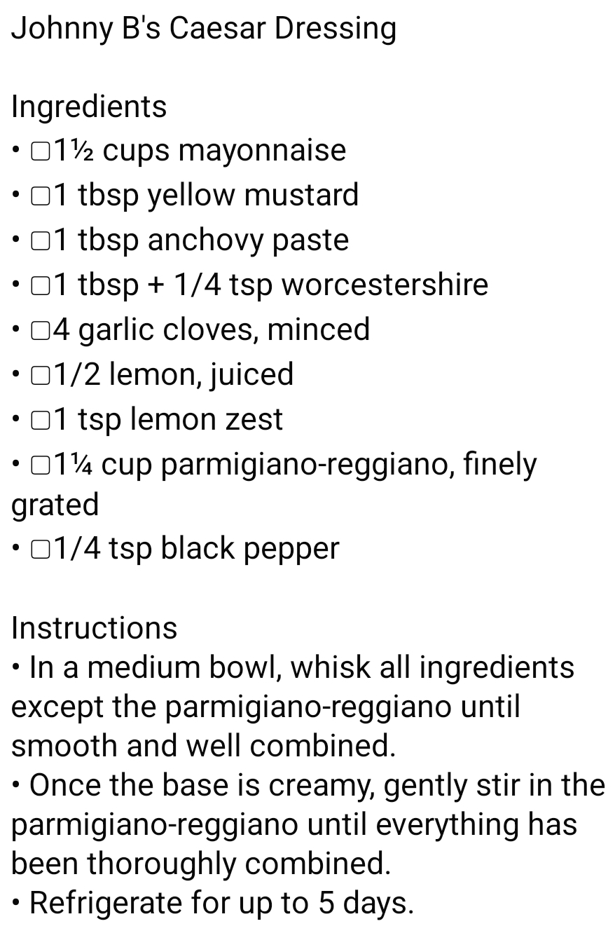 Johnny B's Caesar Dressing