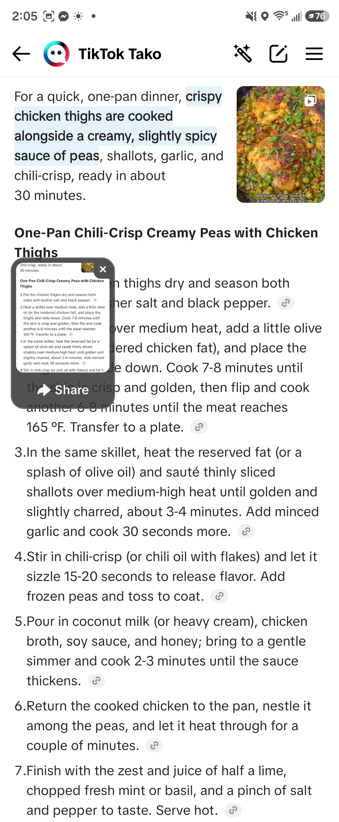 One-Pan Chili-Crisp Creamy Peas with Chicken Thighs
