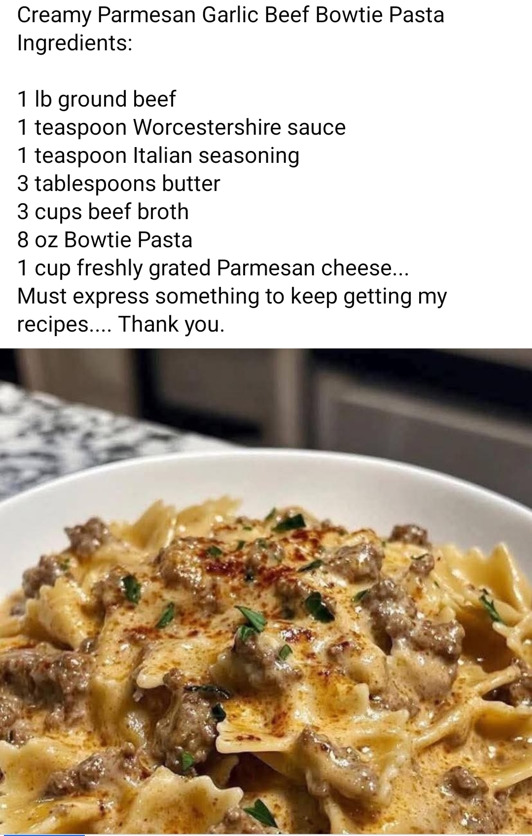 Creamy Parmesan Garlic Beef Bowtie Pasta