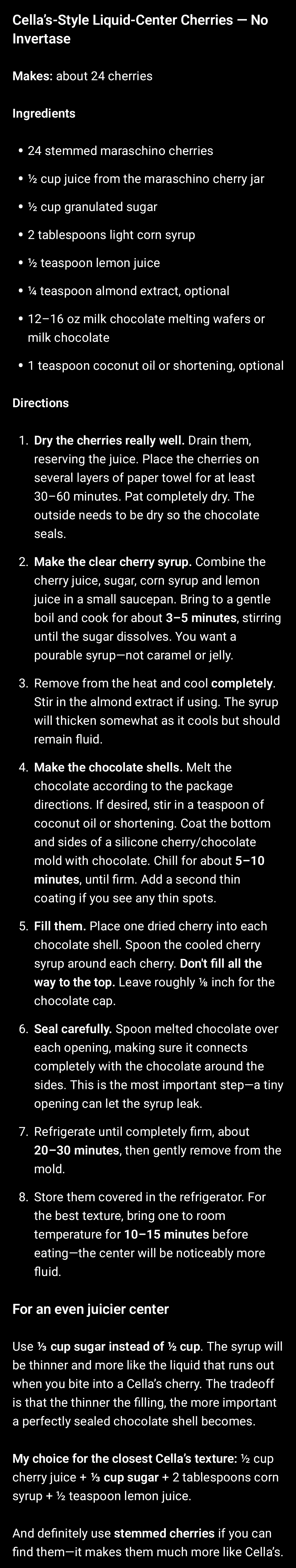 Cella’s-Style Liquid-Center Cherries — No Invertase