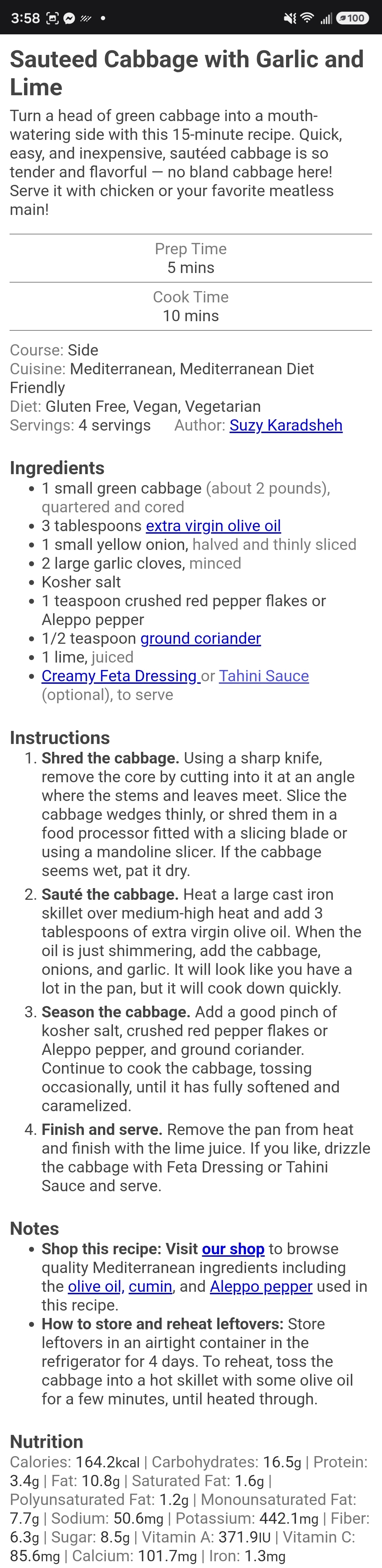 Sauteed Cabbage with Garlic and Lime