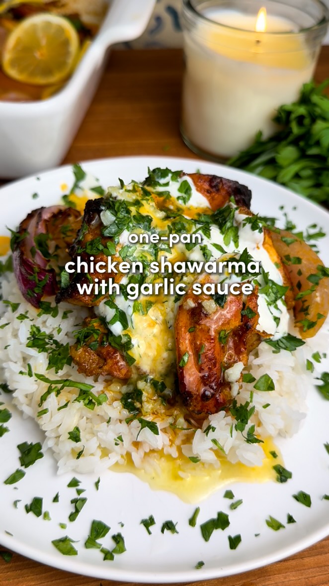 One-Pan Chicken Shawarma with Roasted Garlic Sauce