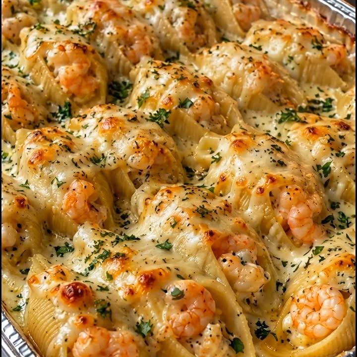 Creamy Garlic Shrimp Stuffed Pasta Bake