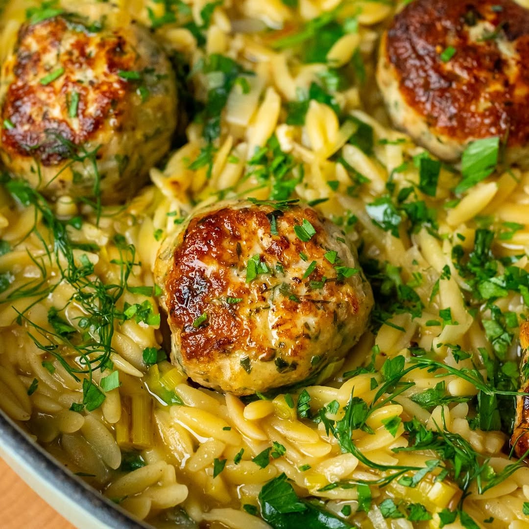 Lemon-Leek Orzo with Herbed Chicken Meatballs