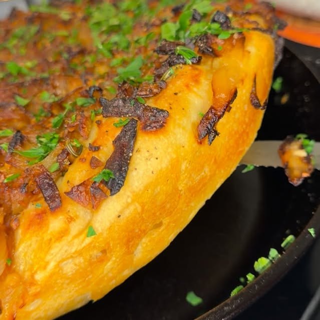 Caramelized Onion & Garlic Cast Iron Focaccia with Honey Paprika Butter