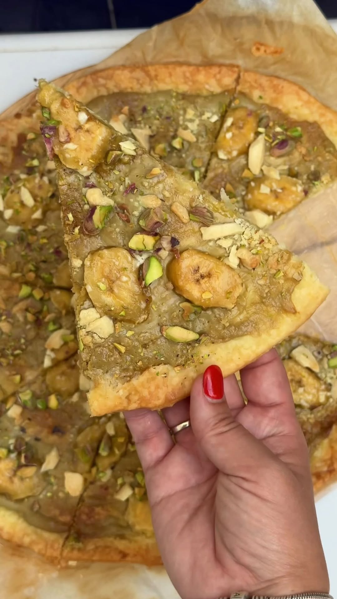 Sweet Puff Pastry Pizza with Pistachio, White Chocolate, and Banana