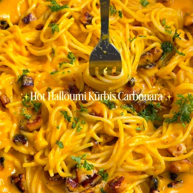 Pumpkin Carbonara with Hot Honey Halloumi