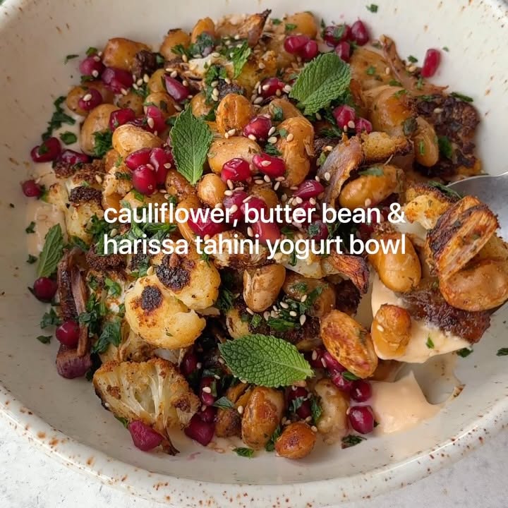 Roasted Spiced Crunchy Butter Beans, Cauliflower and Onion over Creamy Harissa Tahini Yogurt