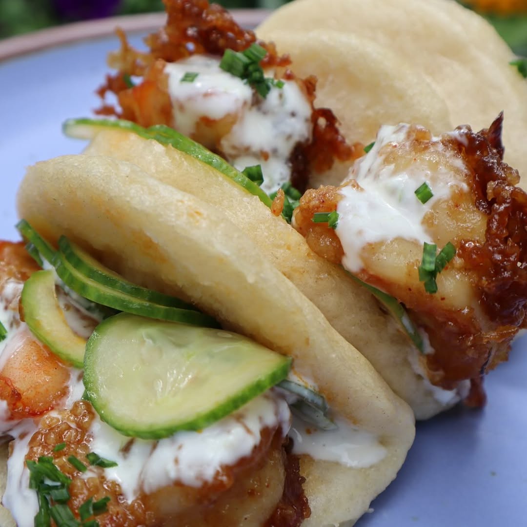 Sugar Shrimp Bao with Pickled Cucumbers and Creamy Ginger Lime Sauce