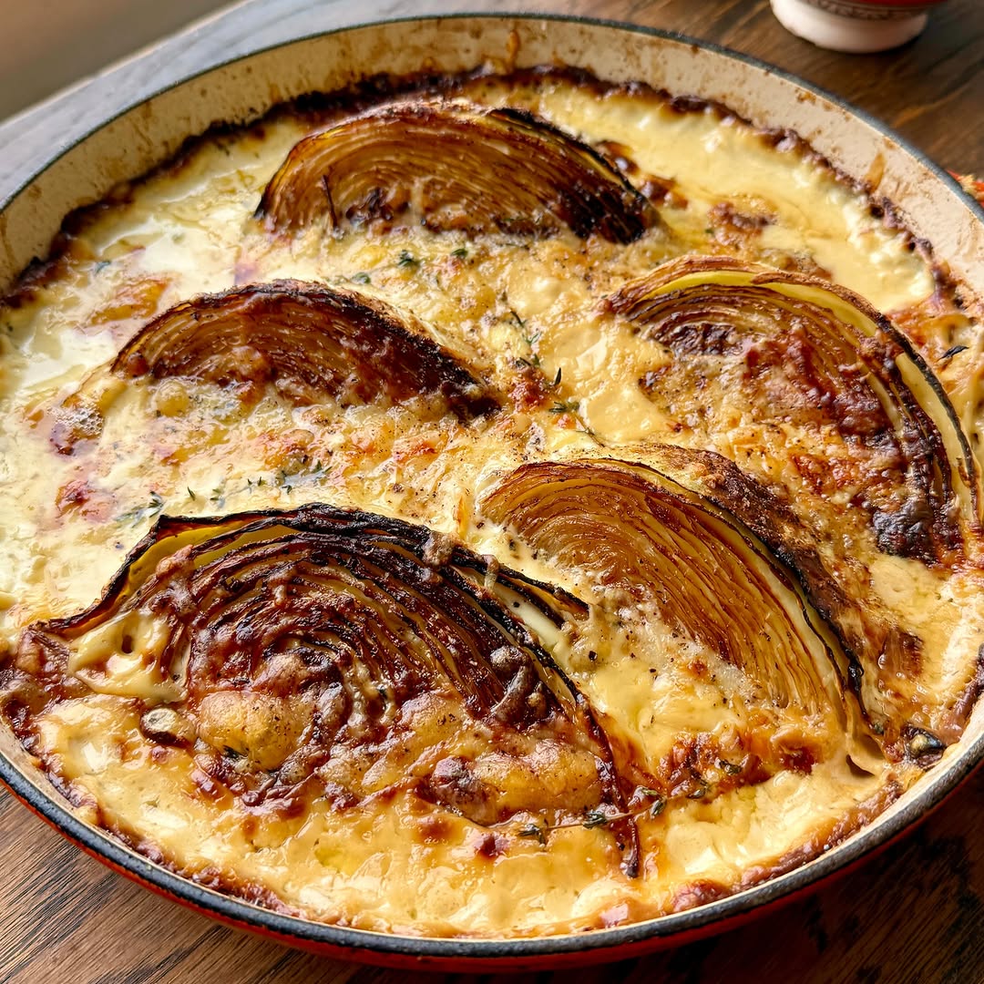 Cheesy Cabbage and French Onion Gratin