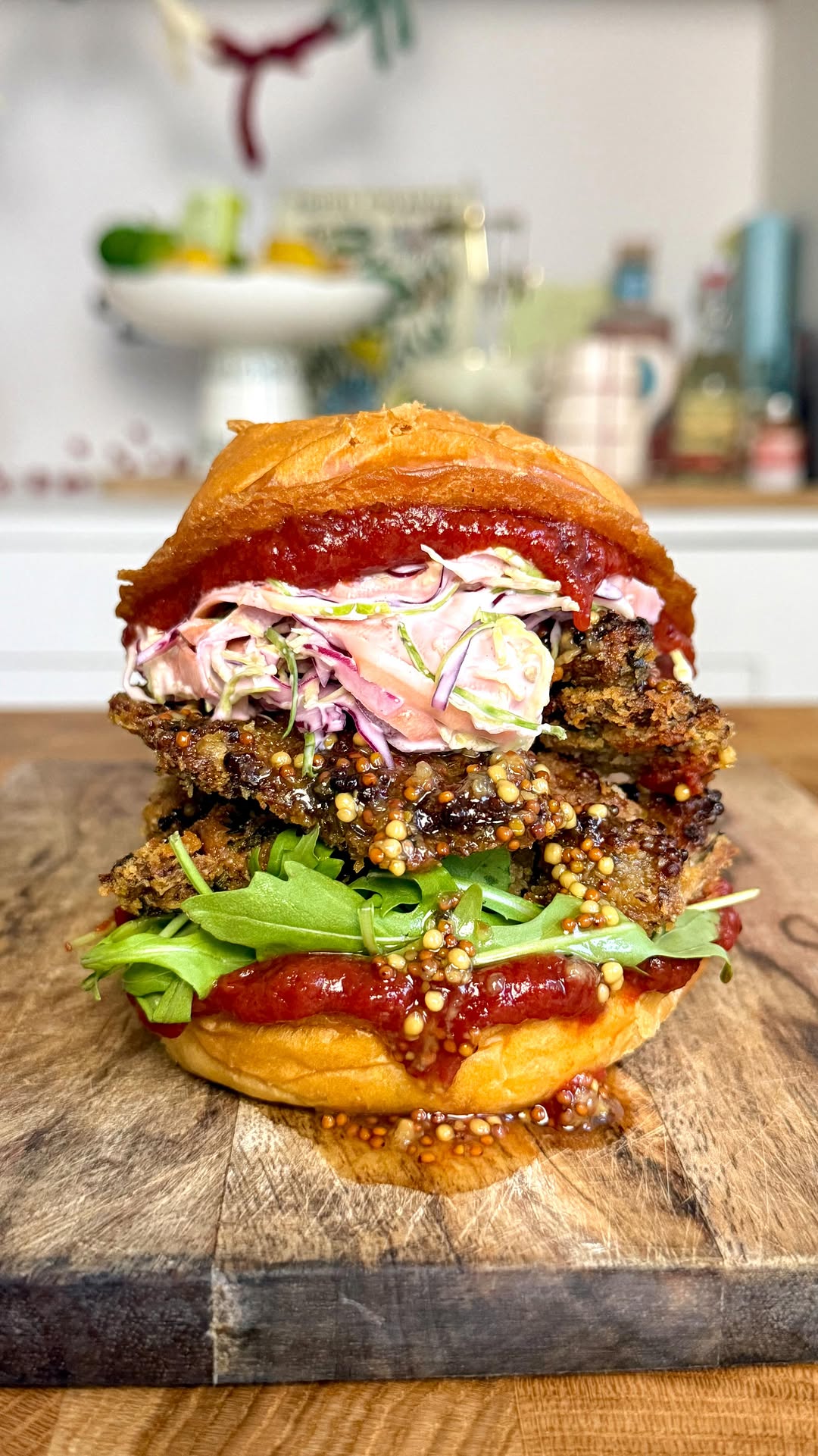 Honey Mustard Oyster Mushroom Burger with Sprout Slaw and Cranberry Ketchup
