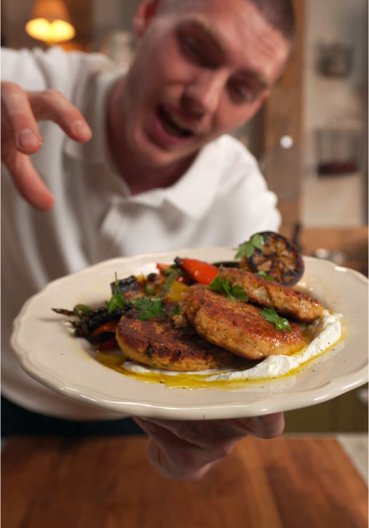 Salmon Fishcakes with Charred Veg and Burnt Lemon