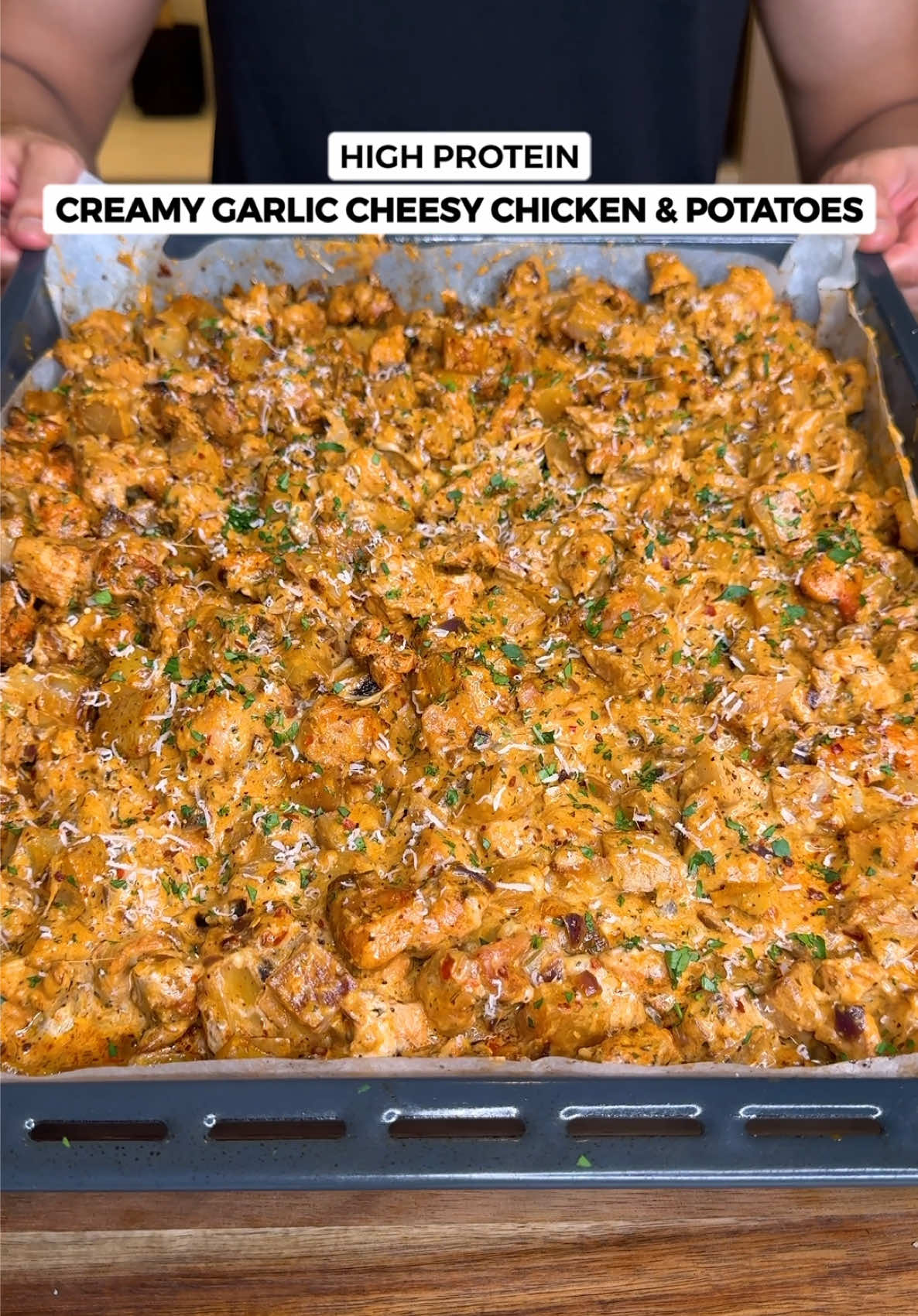 Sheet Pan Creamy Garlic Cheesy Chicken & Potatoes