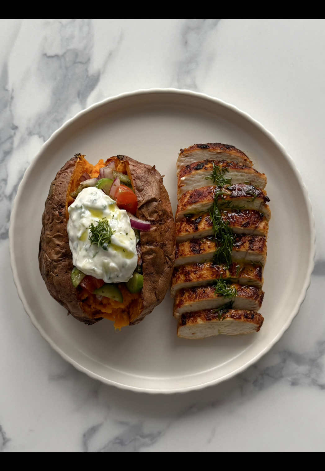 Greek Style Loaded Sweet Potato with Herby Chicken